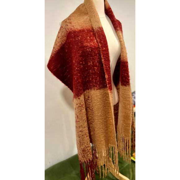 Boho Hippie Knit Striped Scarf Tan Red Soft Comfy Warm - Picture 6 of 11